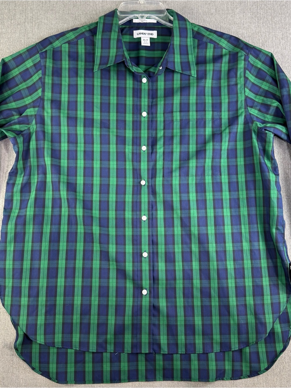 Women’s Lands' End Size M/P 10/12 Green/Navy Plaid Cotton Button-Down Shirt